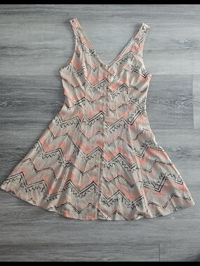 Lush Beige, Bright Orange & Black Chevron Button-Front Mini Dress